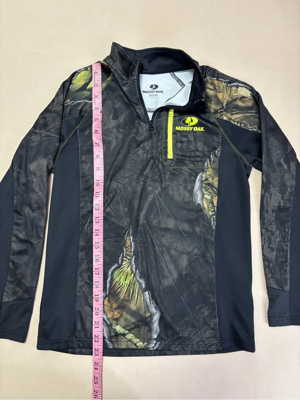 Mossy Oak Boys Black Camo Quarter-Zip Hoodie with Neon Yellow Accent Size Large
